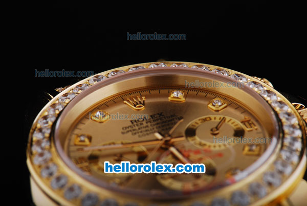 Rolex Daytona Oyster Perpetual Date Automatic Gold with Diamond Case,Gold Dial and Diamond Marking-Leather Strap - Click Image to Close